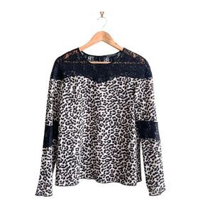 Black Tape_ Leopard Top Blouse Lace Inserts Bell Sleeves Women's M